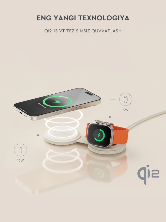 Satechi Qi2 15W 2in1 va 3in1 simsiz quvvatlash moslamasi, yig‘iluvchan, magnitli