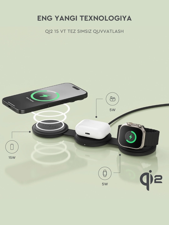 Беспроводная зарядка 2в1 и 3в1 Satechi Qi2 15W, складная, магнитная
