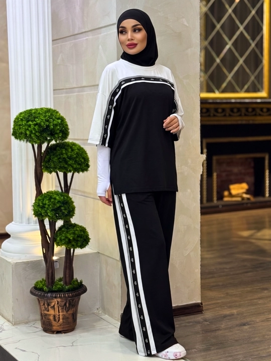 Ayollar kostyumi dvoyka, oversize, tunika va keng palazzo shim, yumshoq viskoza, MONIKA