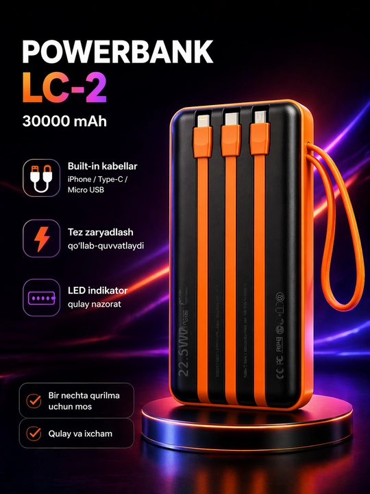 Быстрое зарядное устройство Powerbank 20 000 мАч, 10 000 мАч