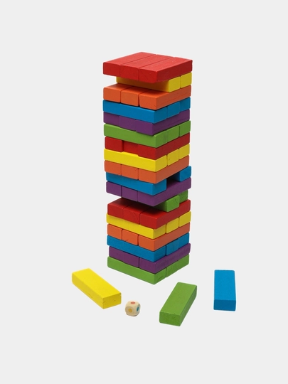 Stol o'yini Jenga "Qulab tushyotgan minora", rivojlantiruvchi, rangli va sonli modellari