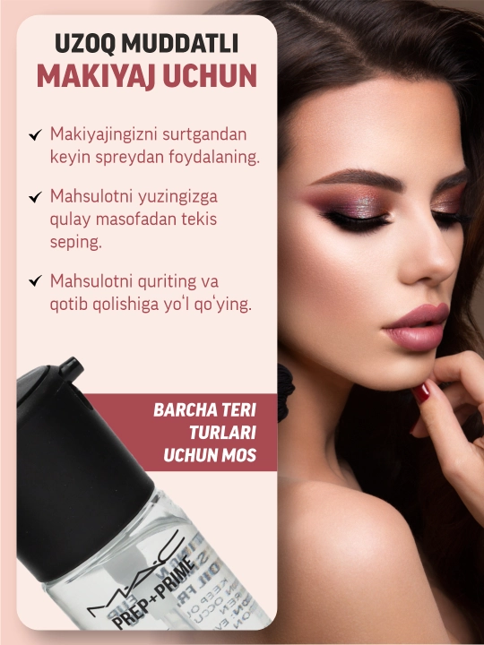Makiyaj fiksatori MAC Prep + Prime Fix+, yuz uchun sprey, 120 ml