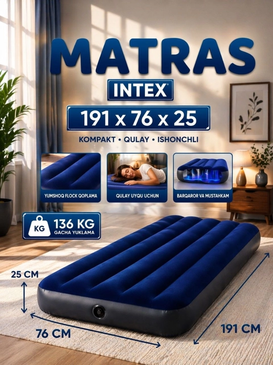 Intex puflanadigan bir kishilik matras 76×191×25 sm - 