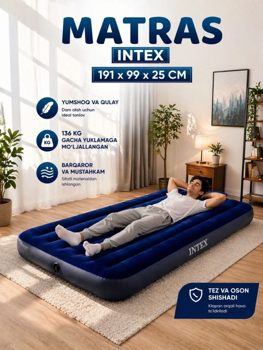 Intex puflanadigan bir kishilik matras 99×191×25 sm