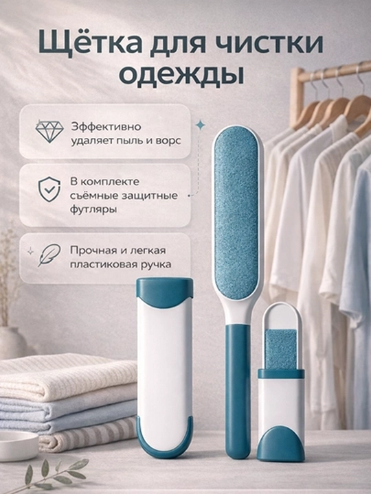 Щётка для чистки одежды и мебели с самоочищающимся футляром - 