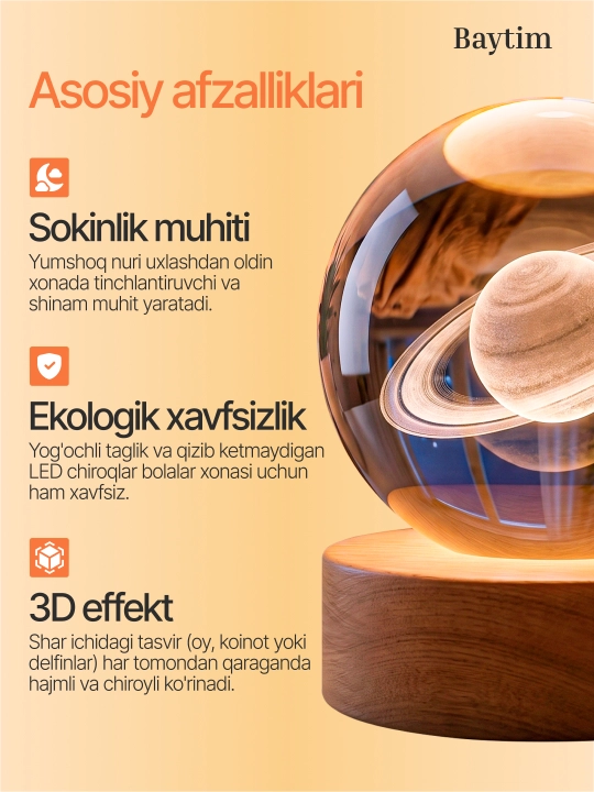 Svetilnik 3 d chiroq tungi, kristal shar va yog'och asos