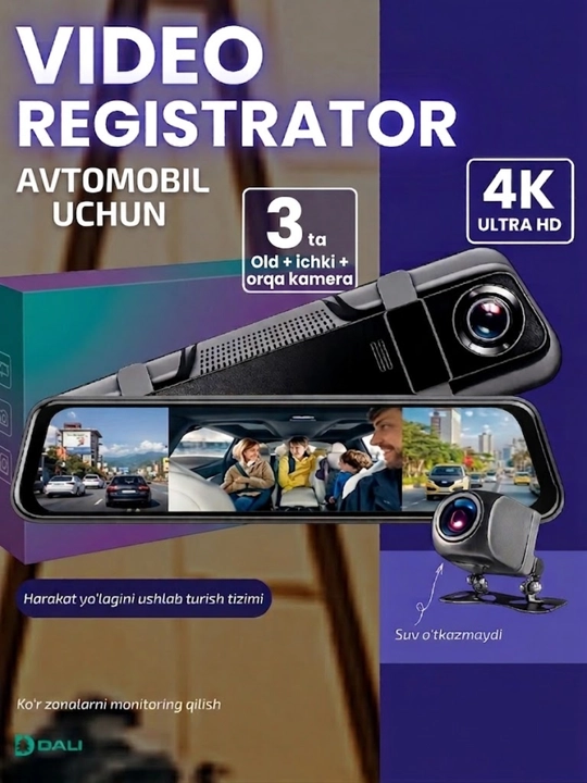 TOMBOSS T33 — 3 kamerali aqlli oqimli video registrator (oyna shaklidagi)