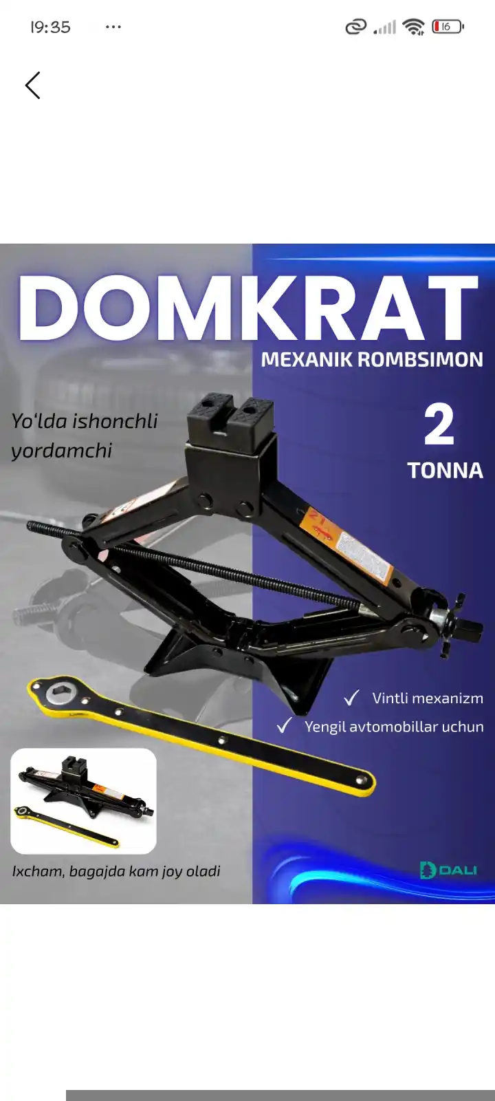 Mexanik rombsimon domkrat avtomobil uchun, 1 - 1.5 - 2 - 2.5 - 3 tonna