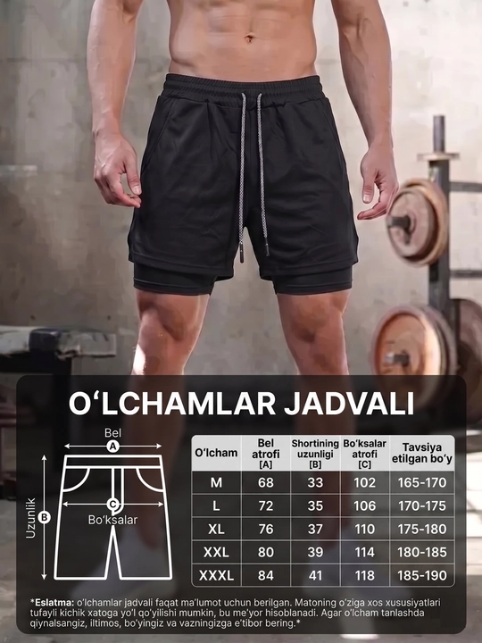 Erkaklar sport shortigi 2 tasi 1 da: tayts va telefon uchun cho'ntakli, sport va fitnes
