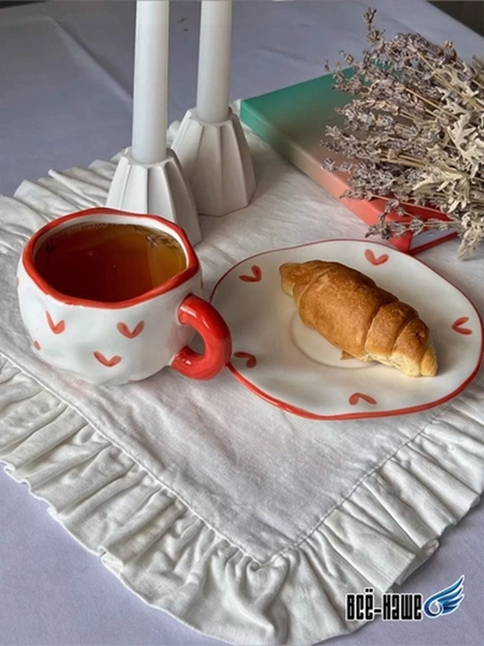 280 ml choy to'plami – likopchali krujka, choy va qahva uchun keramik chashka