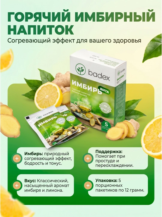 BADEX LIFE Имбирь Вита – горячий имбирный напиток для иммунитета и тонуса,5 пакетов по 12г