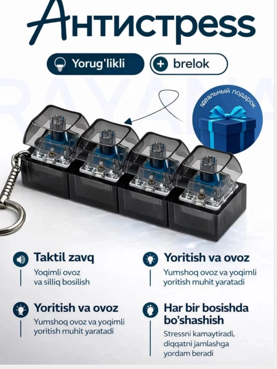 Stressga qarshi svitch yoritgichli klaviatura-brelok - stressni yengillashtirish uchun gadjet