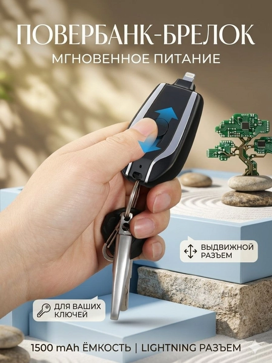 Мини повербанк-брелок 1500 mAh , Lightning + Type-C