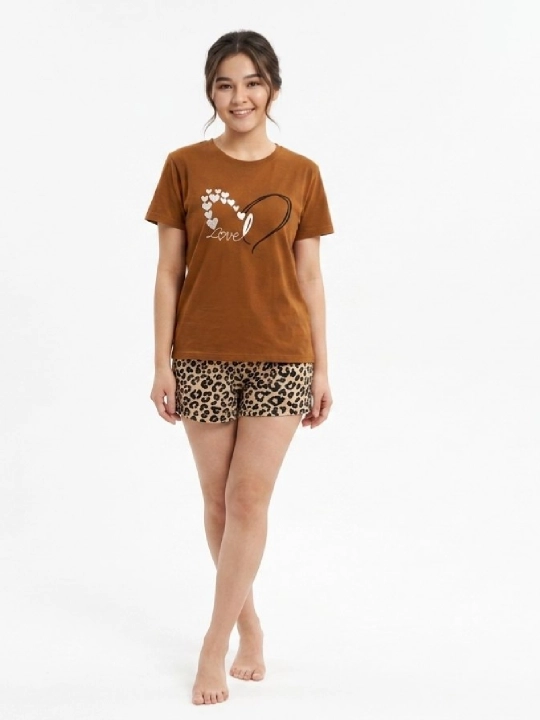 Cinnamoroll shortili ayollar pijamasi, leopard naqshli paxta uy kostyumi