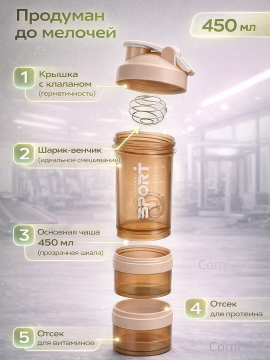 Sport uchun shayker butilka, spiral va protein uchun idishi bilan, 450 ml