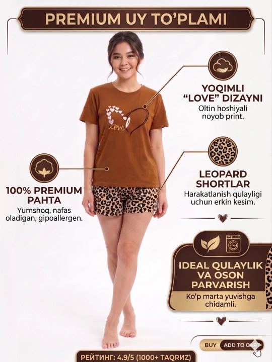 Cinnamoroll shortili ayollar pijamasi, leopard naqshli paxta uy kostyumi
