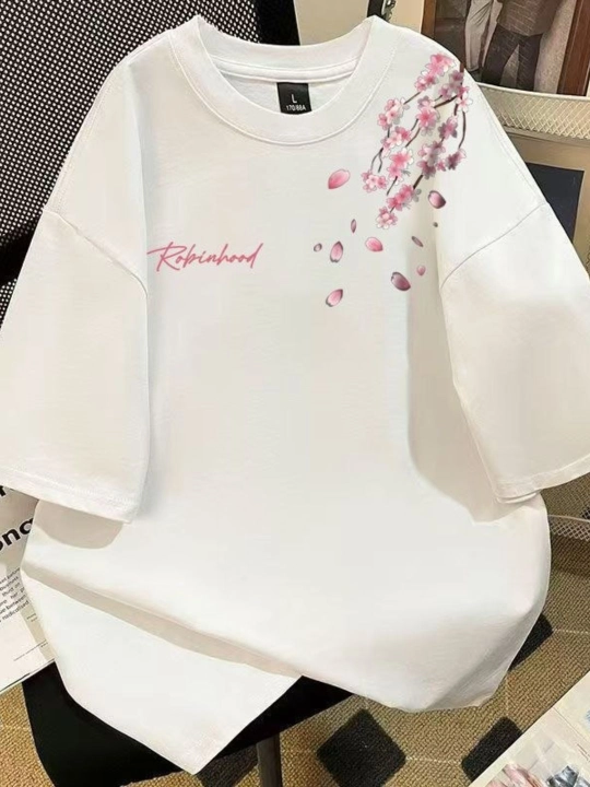 Ayollar uchun sakura guli tushirilgan fudbolka, 100% sof paxta