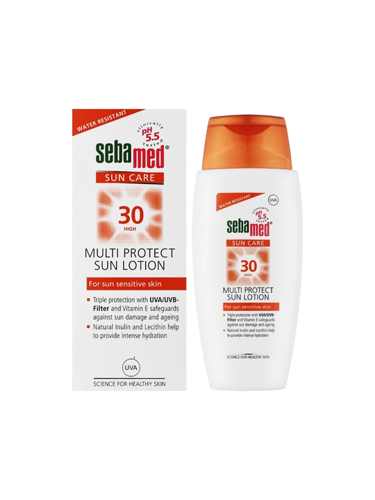 Sezgir teri uchun Sebamed Multi Protect SPF 30 quyoshdan himoyalovchi losyoni, suvga chidamli - 