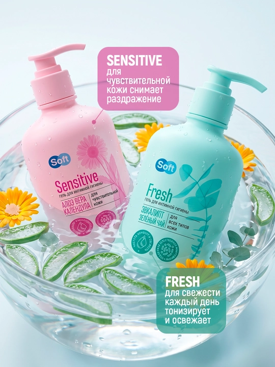 Soft Fresh va Soft Sensitive intim gel to‘plami — qulay narx, 2×220 ml