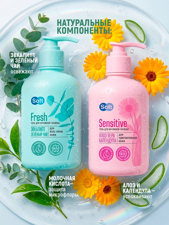 Soft Fresh va Soft Sensitive intim gel to‘plami — qulay narx, 2×220 ml