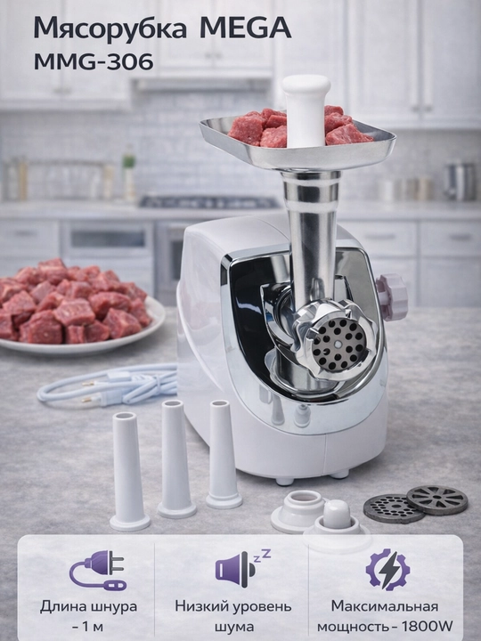 Мясорубка MEGA MMG-306 1800 Вт, тихая, металлические шестерни - 