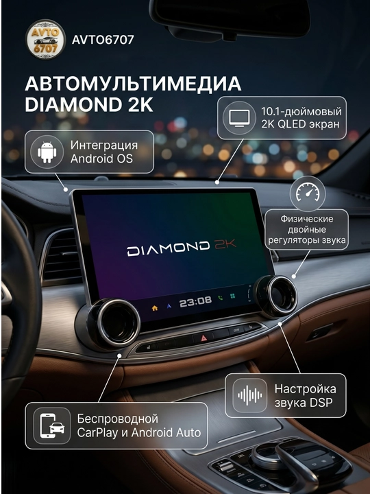 Автомагнитола Diamond 2K 10.1 дюйм, Android 13 монитор 4/64 ГБ с кнопками, CarPlay