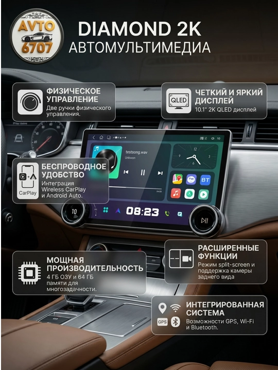 Автомагнитола Diamond 2K 10.1 дюйм, Android 13 монитор 4/64 ГБ с кнопками, CarPlay