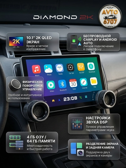 Автомагнитола Diamond 2K 10.1 дюйм, Android 13 монитор 4/64 ГБ с кнопками, CarPlay