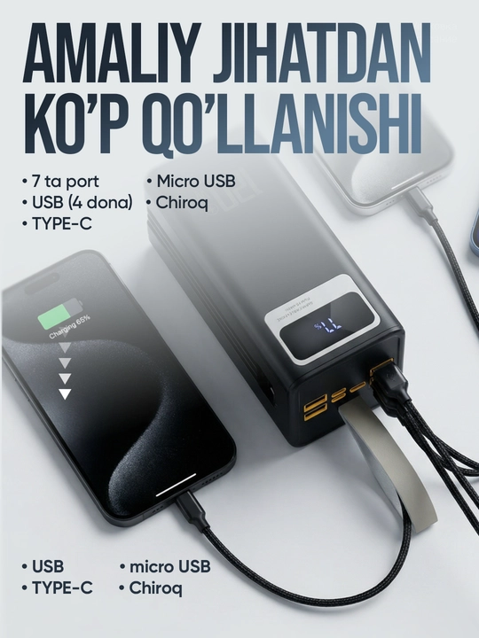 Tez zaryadlanuvchi tashqi akkumulyator, powerbank, 50000, 100000 mA/soat