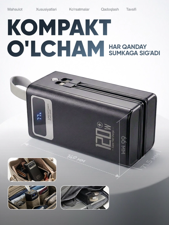 Tez zaryadlanuvchi tashqi akkumulyator, powerbank, 50000, 100000 mA/soat
