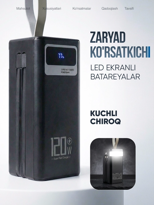 Tez zaryadlanuvchi tashqi akkumulyator, powerbank, 50000, 100000 mA/soat