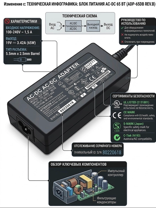 65W AC/DC adapter (19V, 3.42A) – ishonchli quvvat manbai - 