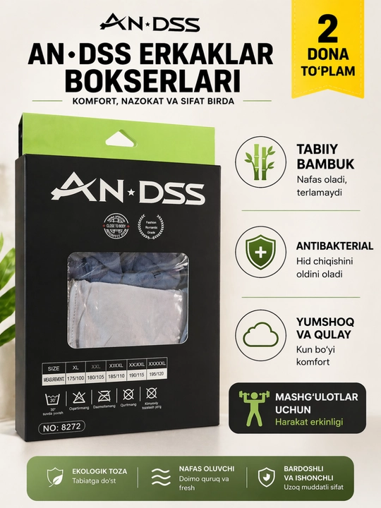 Erkaklar trusiklari 2 dona, bambuk-modal, yumshoq premium bokserlar - 