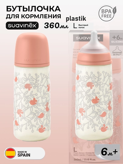 Бутылочка пластиковая Suavinex 150мл 0+/270мл 3+/ 360мл 6+ месяцев — MAA-SUAVINEXWILDERDIES150270360-КОРАЛЛМЕЛ-360wild