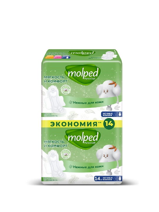 Прокладки ультратонкие Pure & Soft с крылышками ночные 14 шт Molped - 