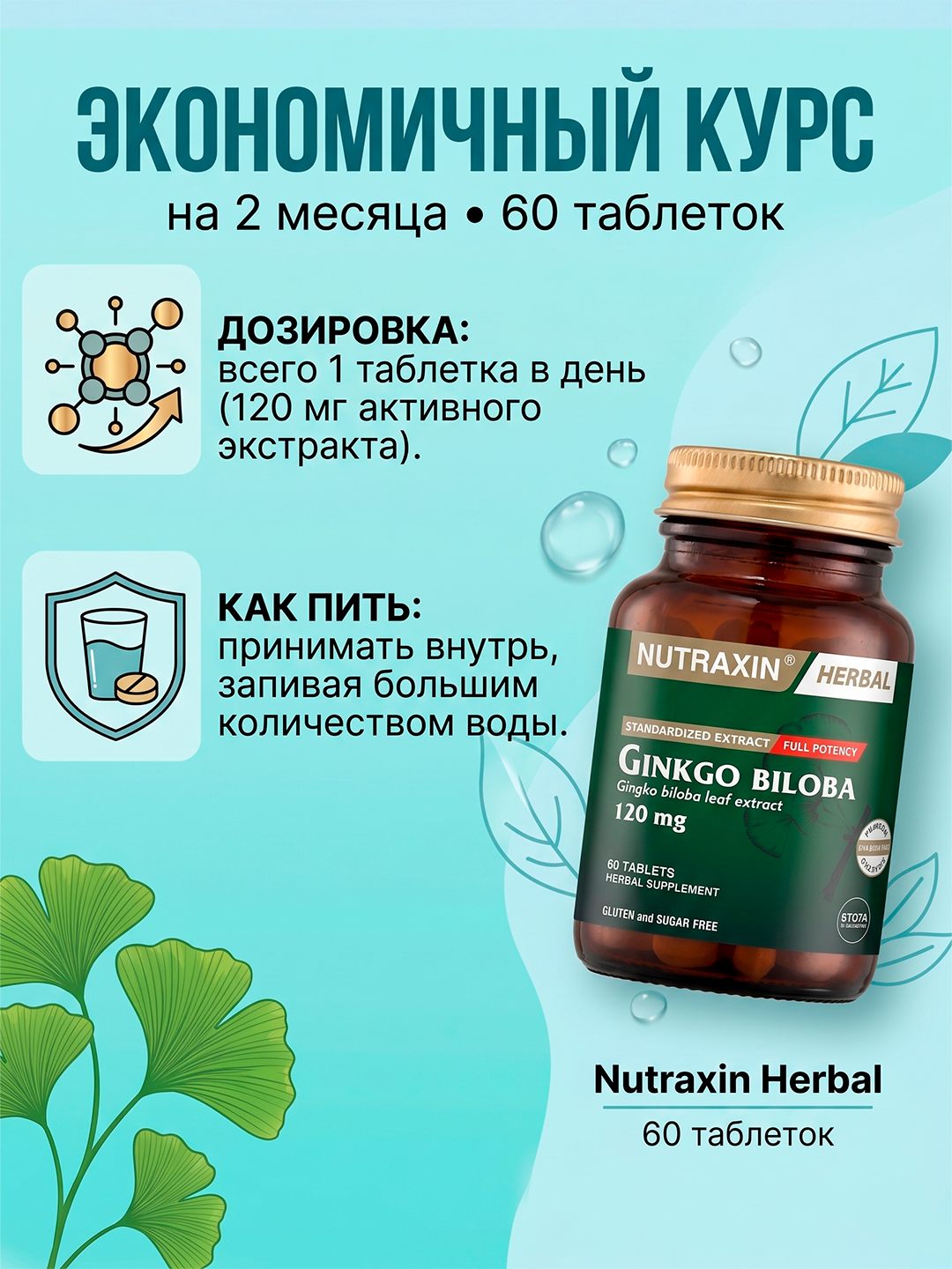 Nutraxin Ginkgo Biloba 120 мг, улучшает память и работу мозга, борется с депрессией