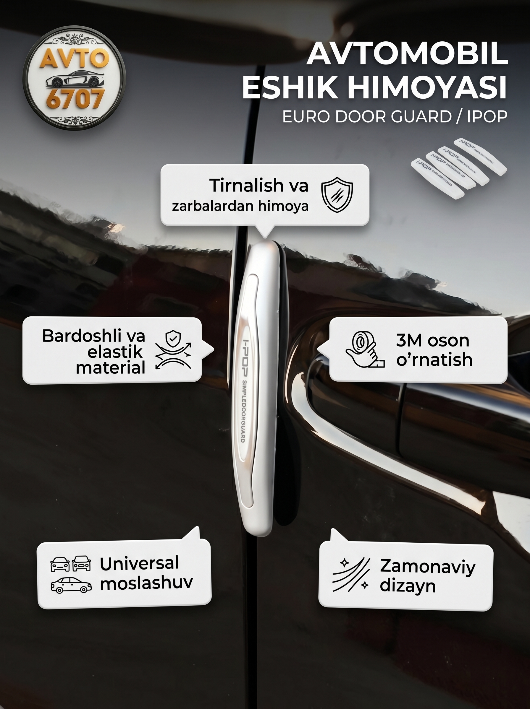 Avtomobil eshigi uchun himoya qoplamasi IPOP, tirnalishga qarshi universal yostiqcha 4 ta dona