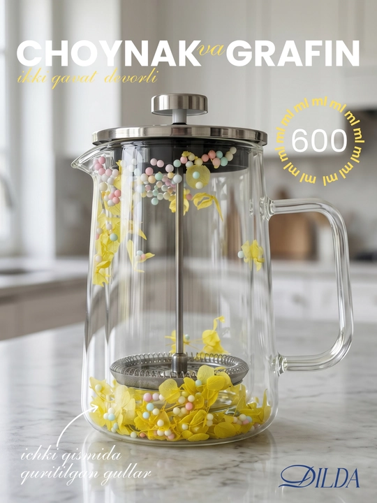 Porshen choynak—kofe va choy damlash uchun, grafin, gulli shisha, 600-1000 ml - 