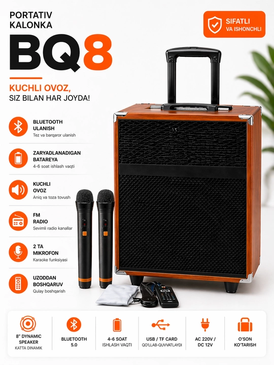 Karaoke kolonkasi BAAB B-Q8, 2 ta simsiz mikrofon bilan - 