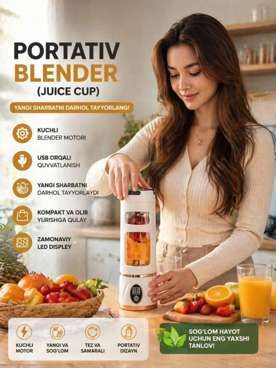 Portativ mini blender (Juice Cup), USB, LED displey, smoothie uchun