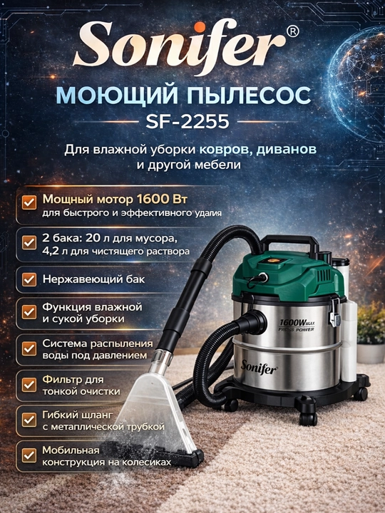 Моющий пылесос Sonifer SF-2255 для влажной и сухой уборки, с вместительным баком