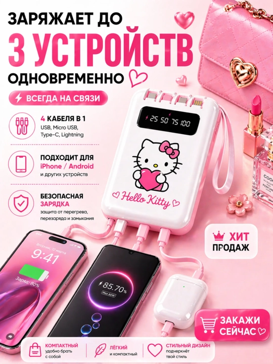 Power bank 5000 mA/soat - tashqi akkumulyator, 4 ta kabel, qizlar uchun