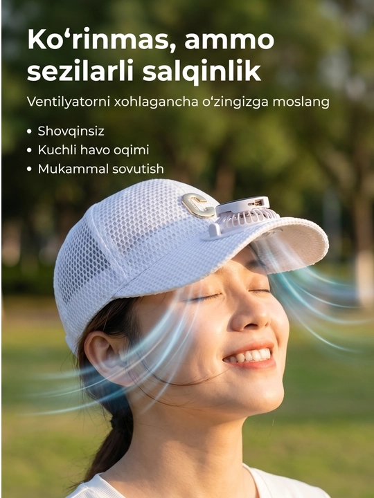Ventilyatorli kepka, quyosh paneli va USB quvvatli, 600 mAh batareya, 3 xil tezlik rejimi