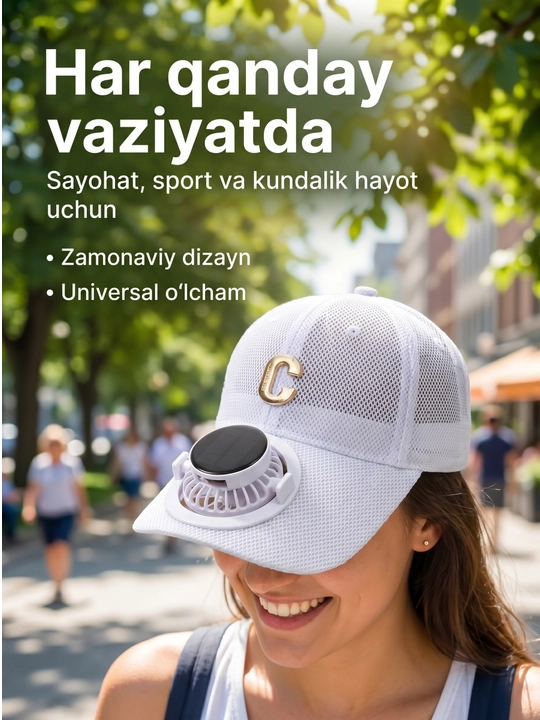 Ventilyatorli kepka, quyosh paneli va USB quvvatli, 600 mAh batareya, 3 xil tezlik rejimi