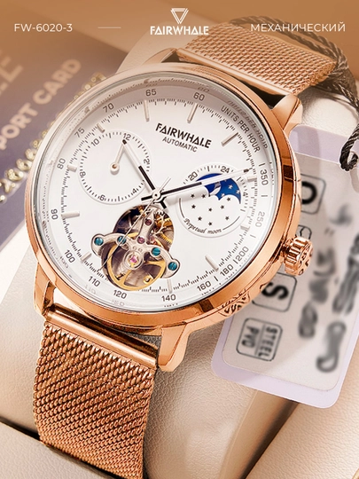 Мужские механические наручные часы Mark Fairwhale FW-6020 MOONSKELAR в подарочной коробке — MRWATCH-FW6020-ЗОЛОТ