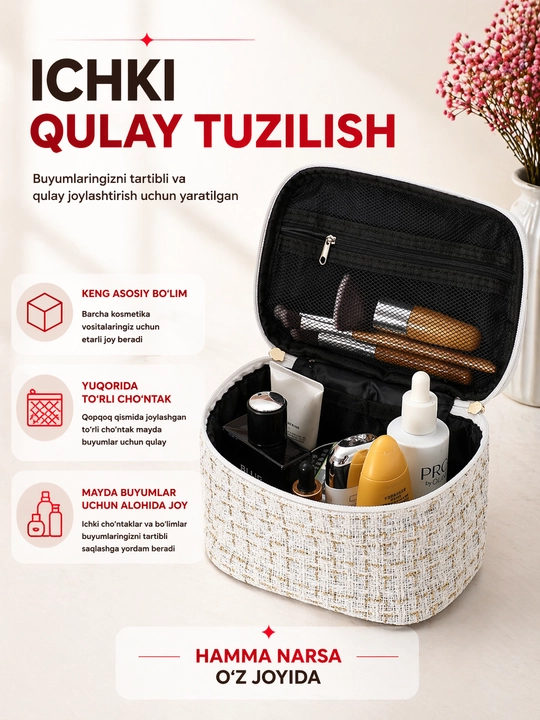 Ayollar uchun katta sig‘imli kosmetik sumka – tartibli saqlash uchun organayzer