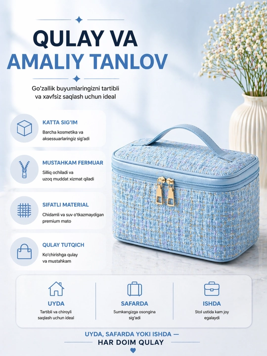 Ayollar uchun katta sig‘imli kosmetik sumka – tartibli saqlash uchun organayzer