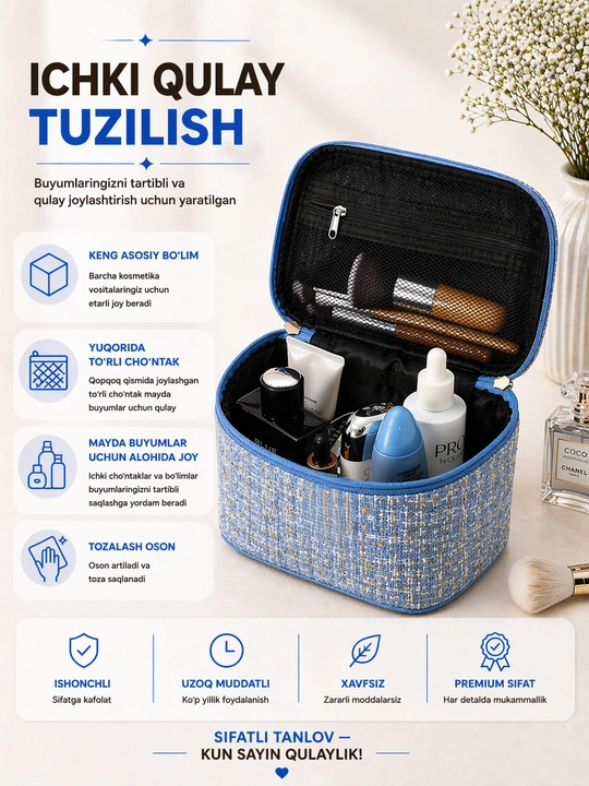 Ayollar uchun katta sig‘imli kosmetik sumka – tartibli saqlash uchun organayzer