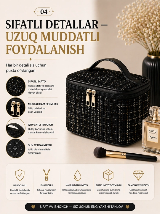 Ayollar uchun katta sig‘imli kosmetik sumka – tartibli saqlash uchun organayzer