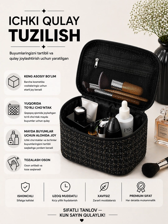 Ayollar uchun katta sig‘imli kosmetik sumka – tartibli saqlash uchun organayzer